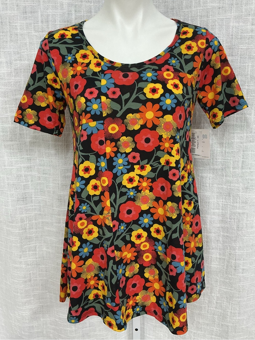 LuLaRoe Black Floral Scoop Neck XS Tunic with Red, Yellow, Orange & Blue Blooms
